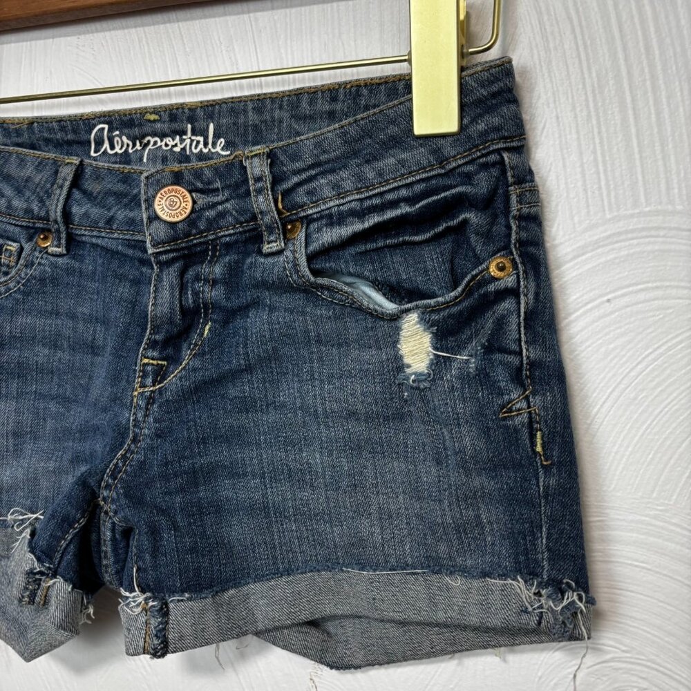 Aeropostale Bermuda Jean Shorts Blue Cuffed Cutoff Casual Medium Wash Womens 0 - Picture 2 of 6